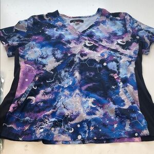 Koi Lite Women's V-Neck Celestial Print Scrub Top - Purple Blue